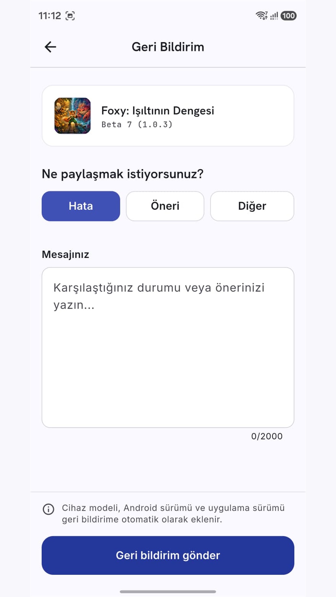 Uygulama içi geri bildirim formu