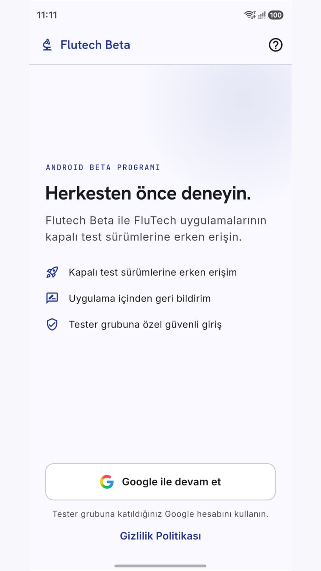 Google ile giriş ekranı